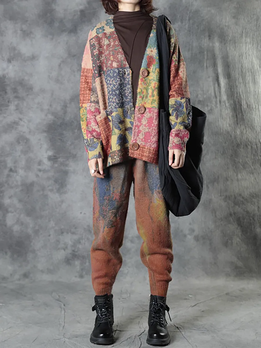 Plus Size Autumn Colorful Flower Knitted Floral Sweater Coat AS1048