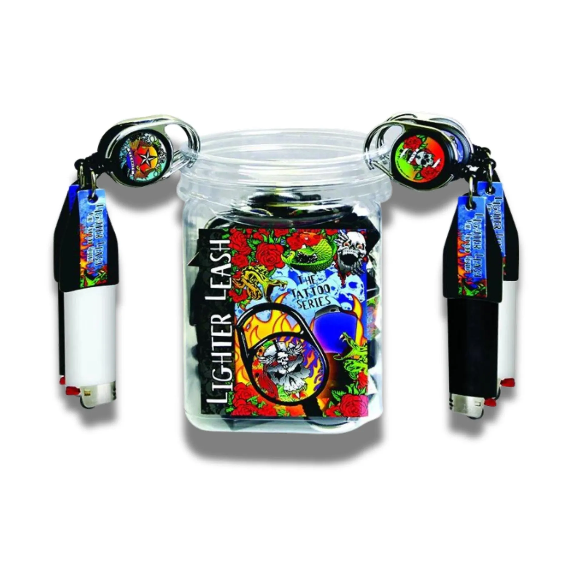 Premium Tattoo Series Lighter Leash - Retractable Holder (4-Pack, Assorted Designs)