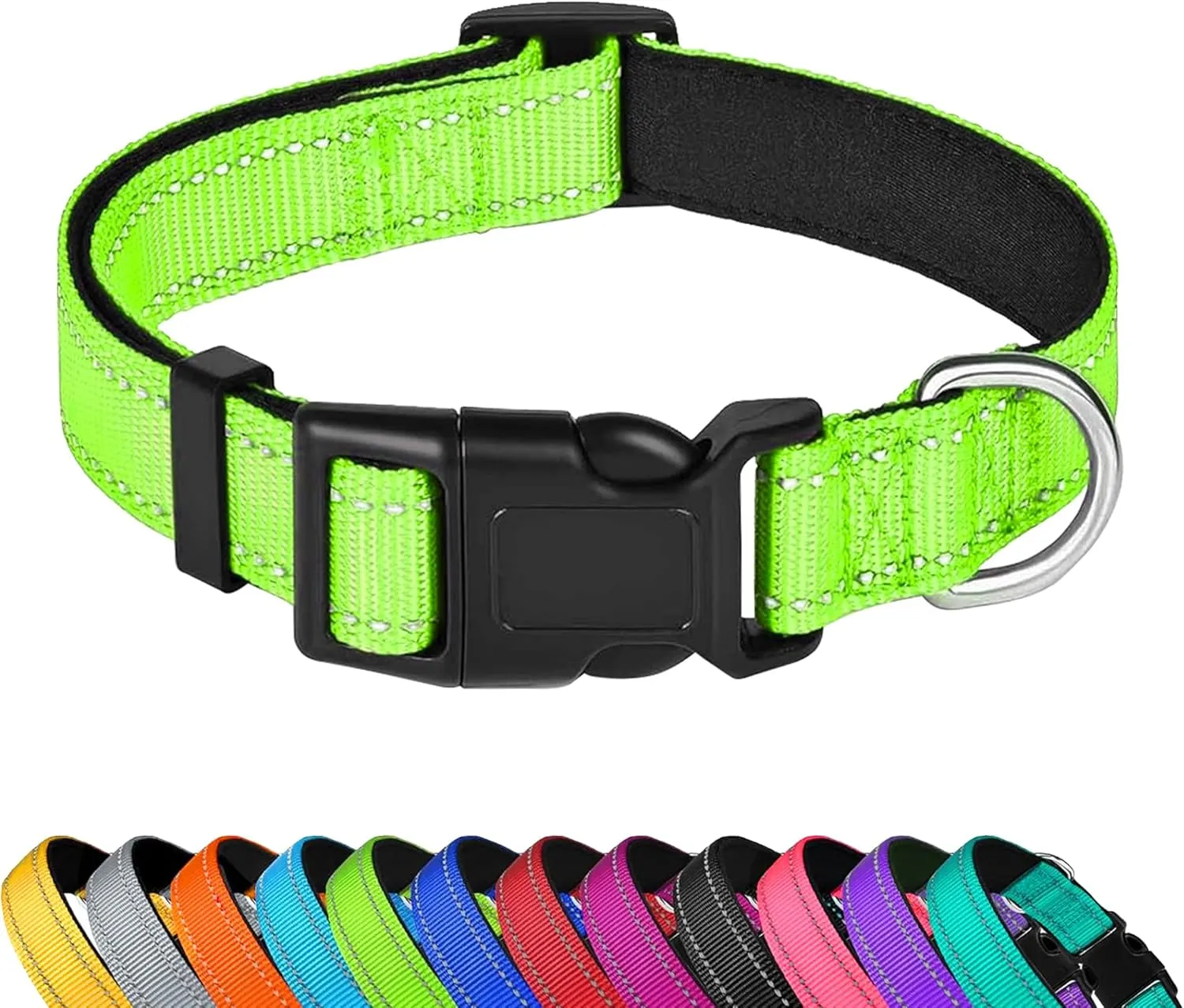 Reflective Dog Collar, Adjustable Soft Neoprene Padded Nylon Pet Collars with Buckle for Large Dogs, Green,L