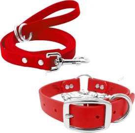 Regal Dog Products Large Red Waterproof Dog Collar and Leash Set - Vinyl Coated Biothane Pet Training Collar with Heavy Duty Center Ring & 5'ft Leash - Other Sizes for Puppy, Small & Medium Dogs