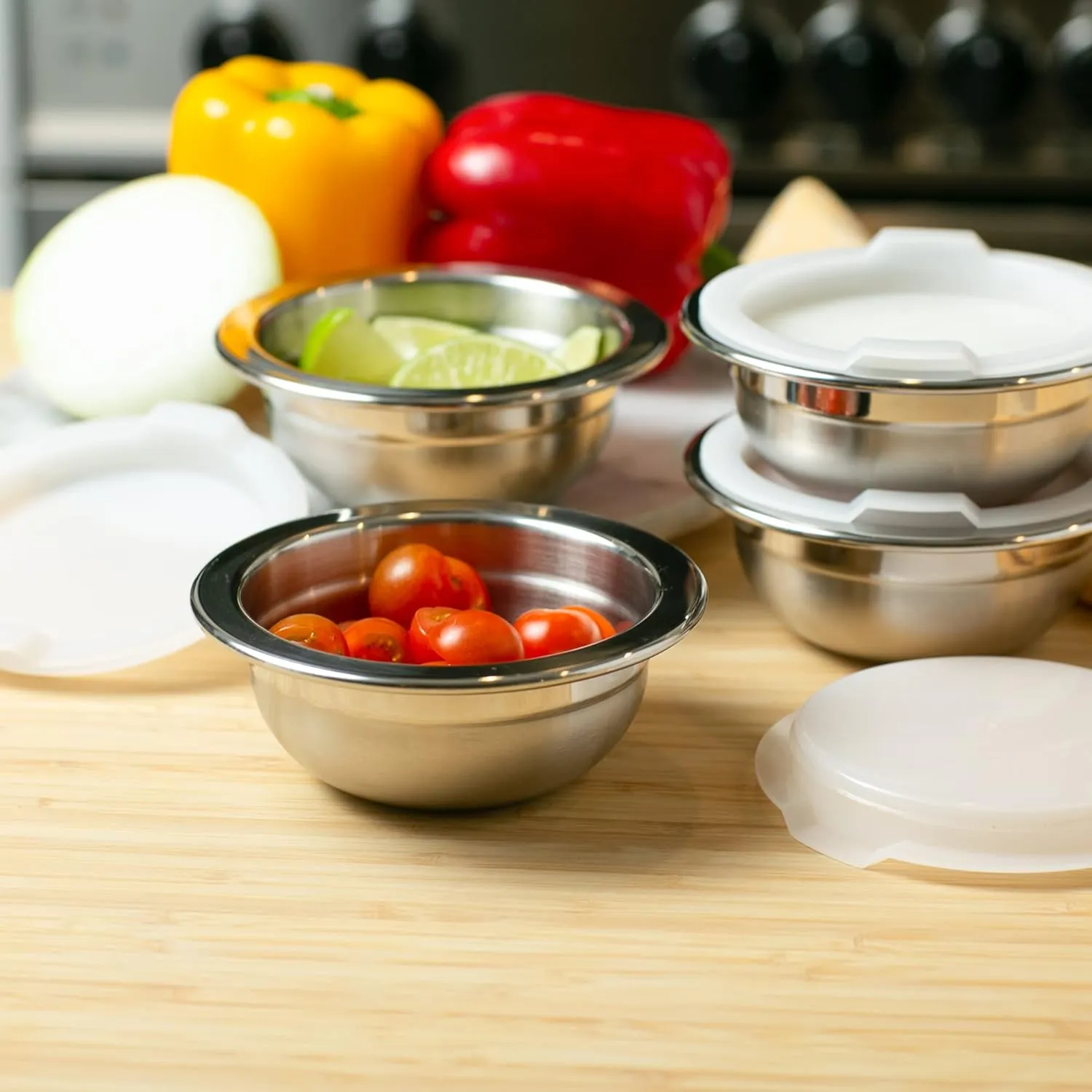 RSVP International 8 Piece Stainless Steel Prep Bowls Set with Lids, Model Number: (PREP-8)