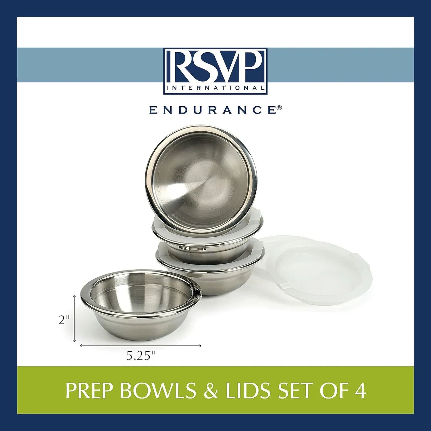 RSVP International 8 Piece Stainless Steel Prep Bowls Set with Lids, Model Number: (PREP-8)