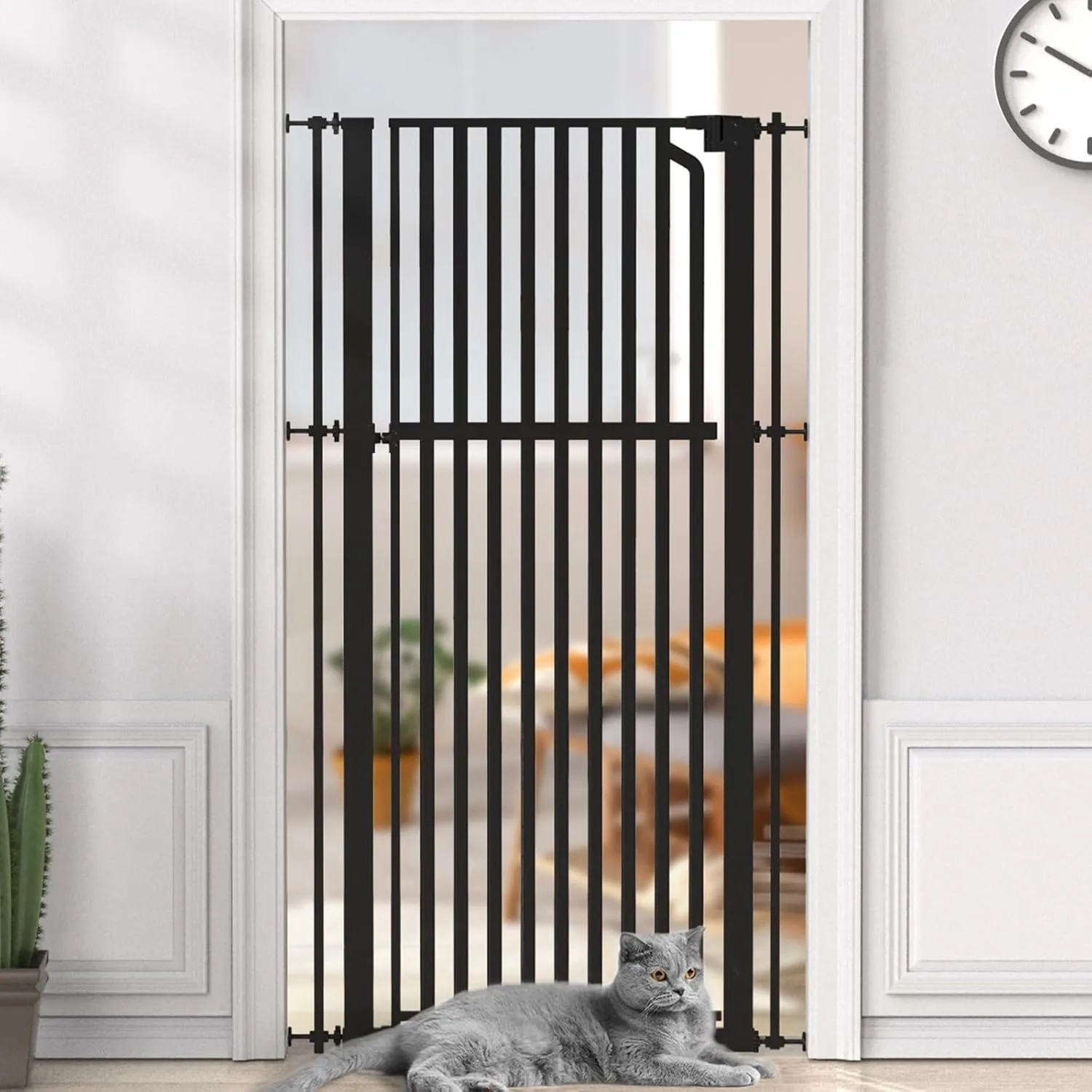 Senneny 63 Extra Tall Cat Gate Auto Close & One-Hand Open, No Drilling Pressure Mounted Kits and Wall Mounted Kits, Metal Pet Gate Fits Openings 29.5 to 33.4 Wide, Black