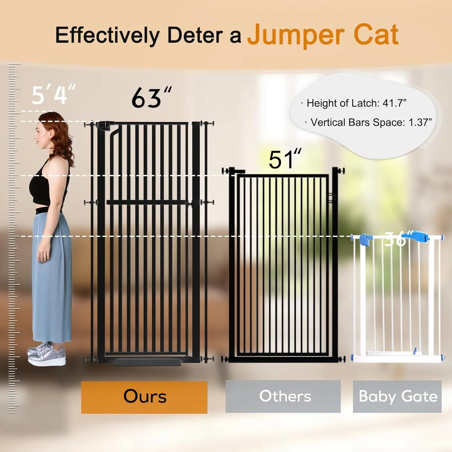Senneny 63 Extra Tall Cat Gate Auto Close & One-Hand Open, No Drilling Pressure Mounted Kits and Wall Mounted Kits, Metal Pet Gate Fits Openings 29.5 to 33.4 Wide, Black