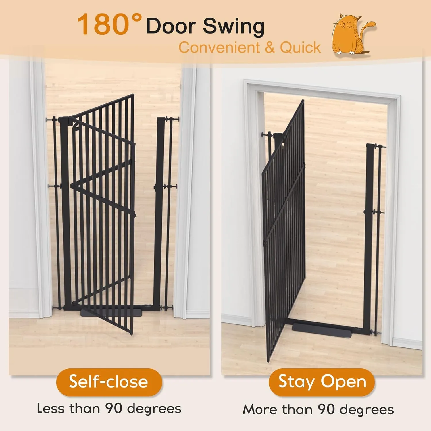 Senneny 63 Extra Tall Cat Gate Auto Close & One-Hand Open, No Drilling Pressure Mounted Kits and Wall Mounted Kits, Metal Pet Gate Fits Openings 29.5 to 33.4 Wide, Black
