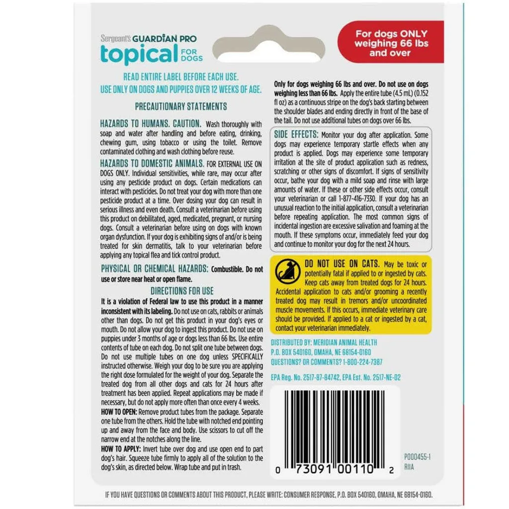 Sergeant's Guardian Pro Flea & Tick Topical for Dogs, 66 lbs and over, 3-month supply