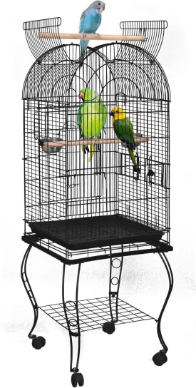 SUPER DEAL 63.5'' Rolling Bird Cage Large Wrought Iron Cage for Cockatiel Sun Conure Parakeet Finch Budgie Lovebird Canary Medium Pet House with Rolling Stand & Storage Shelf
