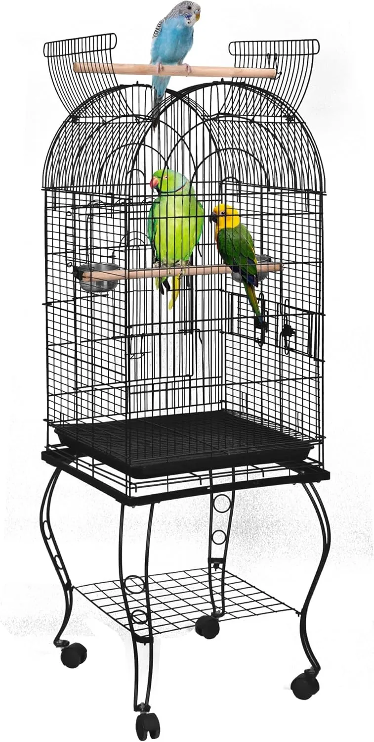 SUPER DEAL 63.5'' Rolling Bird Cage Large Wrought Iron Cage for Cockatiel Sun Conure Parakeet Finch Budgie Lovebird Canary Medium Pet House with Rolling Stand & Storage Shelf