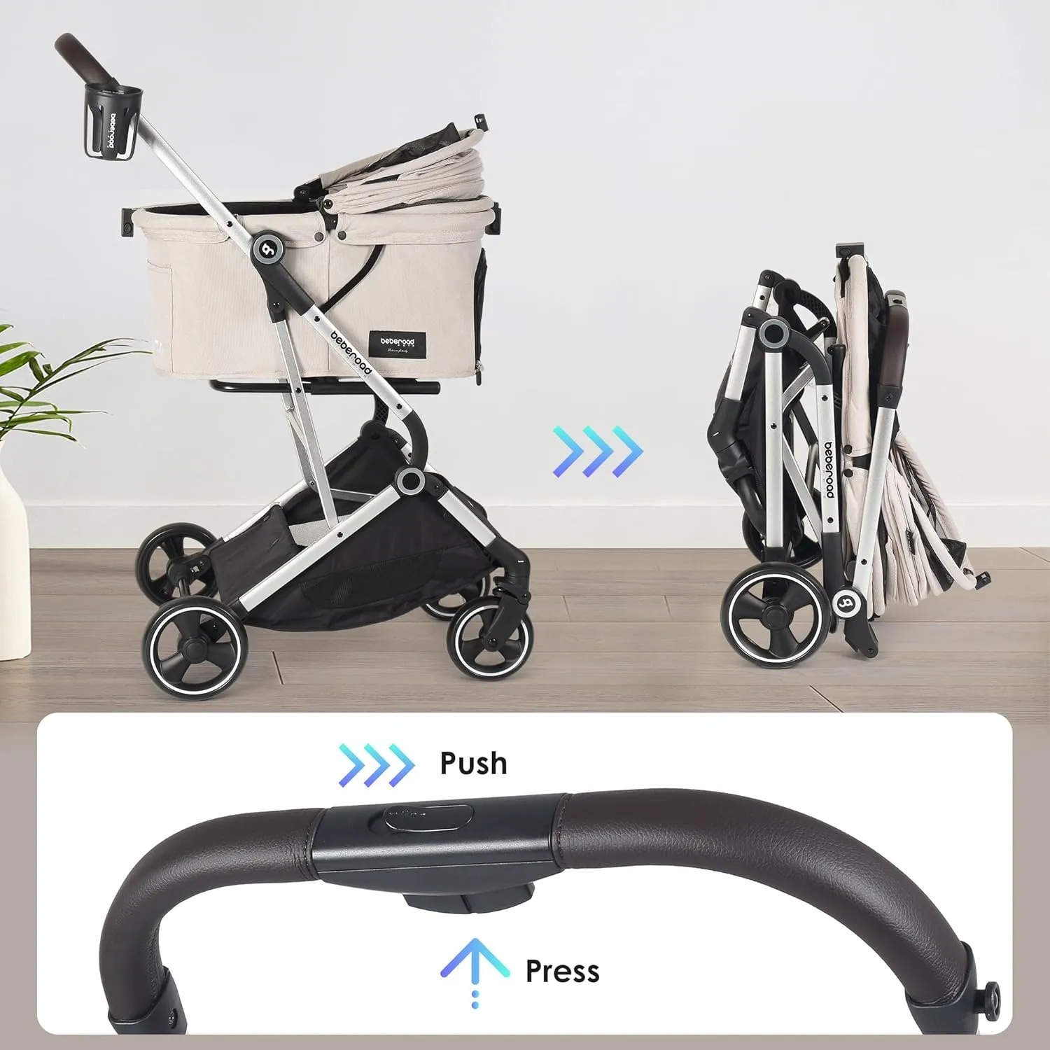 T4 Pet Stroller for Small Medium Dogs, Cat Strollers for 2 Cats, 4 Wheels Folding Pet Stroller for Cats with Pad, Canopy and Cup Holder, Beige