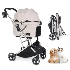 T4 Pet Stroller for Small Medium Dogs, Cat Strollers for 2 Cats, 4 Wheels Folding Pet Stroller for Cats with Pad, Canopy and Cup Holder, Beige