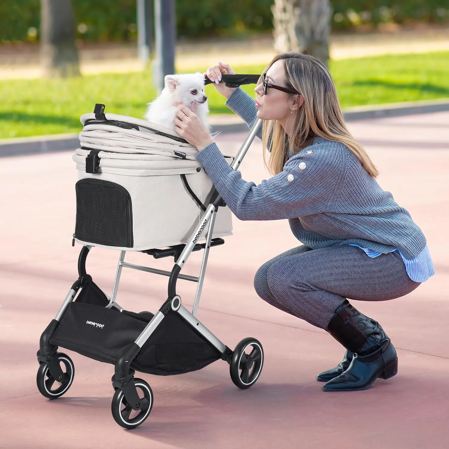 T4 Pet Stroller for Small Medium Dogs, Cat Strollers for 2 Cats, 4 Wheels Folding Pet Stroller for Cats with Pad, Canopy and Cup Holder, Beige