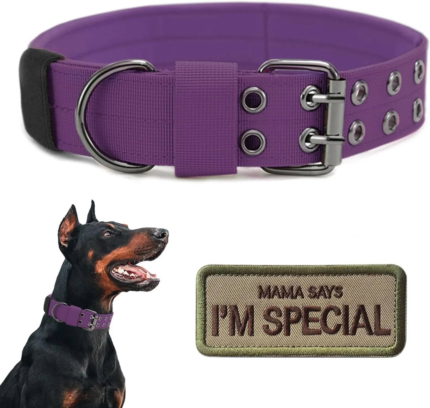 Tactical Dog Collar Military Adjustable Dog Collars Soft Nylon K9 Training Collar with Patch Heavy Duty Metal Buckle Collars for Medium Large Dogs (Violet, L)