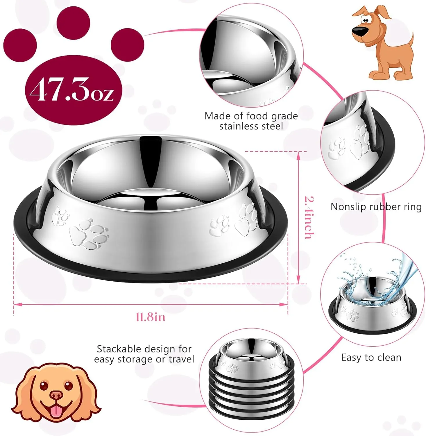 Tanlade 8 Pack Stainless Steel Dog Bowls Metal with Rubber Base Non-Slip Pets Cats Feeding Food and Water Bowls for Indoor Small Medium Large Cats Pets(47.3 oz)