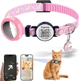 Waterproof Airtag Cat Collar, Breakaway with Stars and Moon with AirTag Holder for Apple. Solid & Safe, Pet Collar, Smart ID tag Cat Collar, Scan QR for Instant Location Alerts.NO APP(Pink)