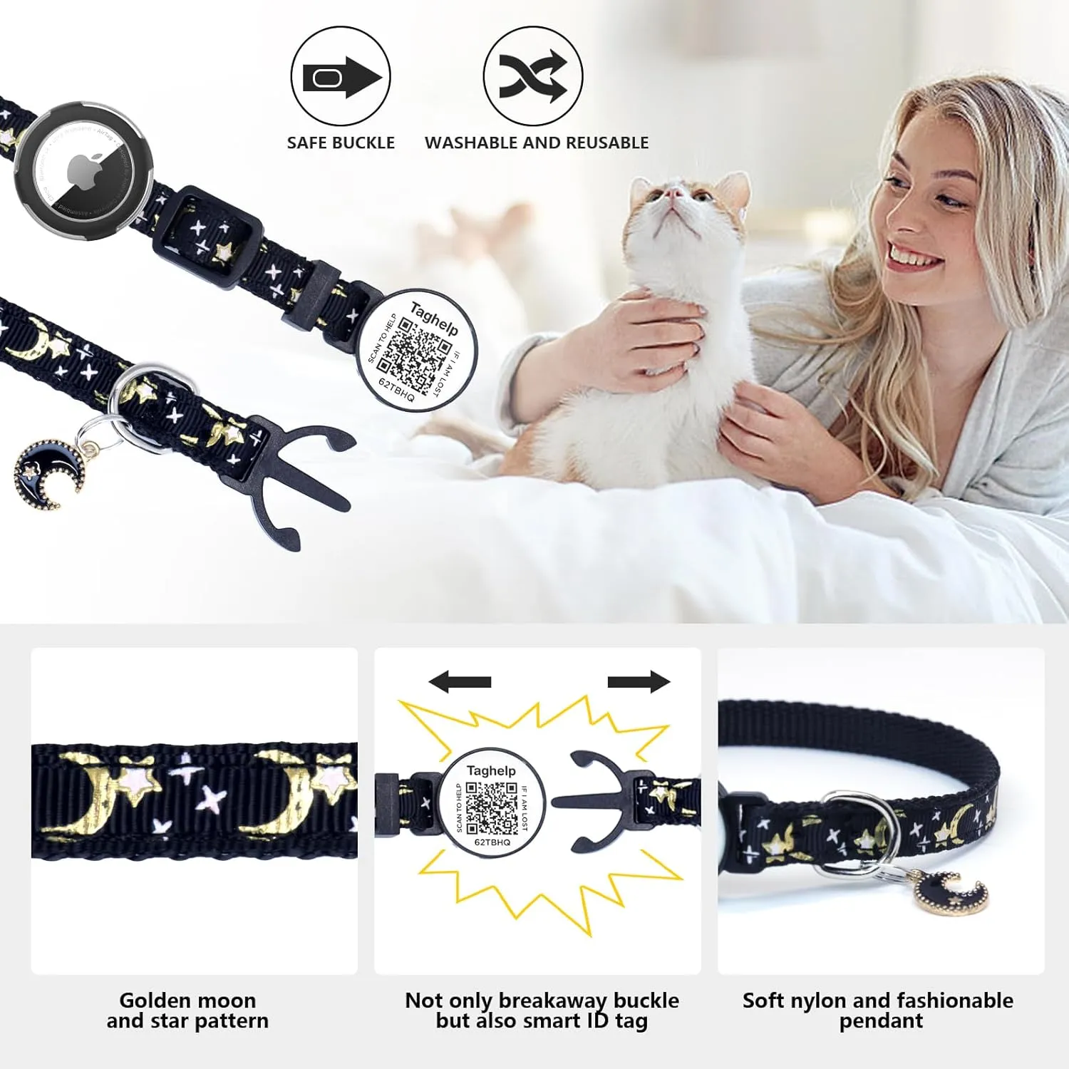 Waterproof Airtag Cat Collar, Breakaway with Stars and Moon with AirTag Holder for Apple. Solid & Safe, Pet Collar, Smart ID tag Cat Collar, Scan QR for Instant Location Alerts.NO APP(Pink)