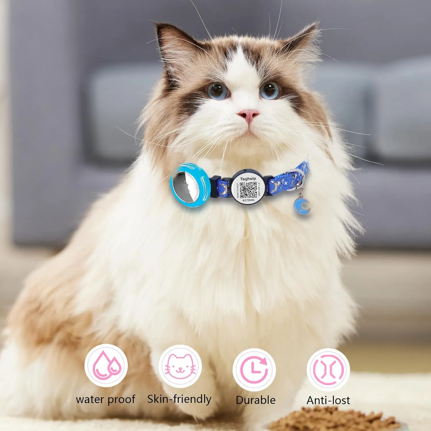 Waterproof Airtag Cat Collar, Breakaway with Stars and Moon with AirTag Holder for Apple. Solid & Safe, Pet Collar, Smart ID tag Cat Collar, Scan QR for Instant Location Alerts.NO APP(Pink)
