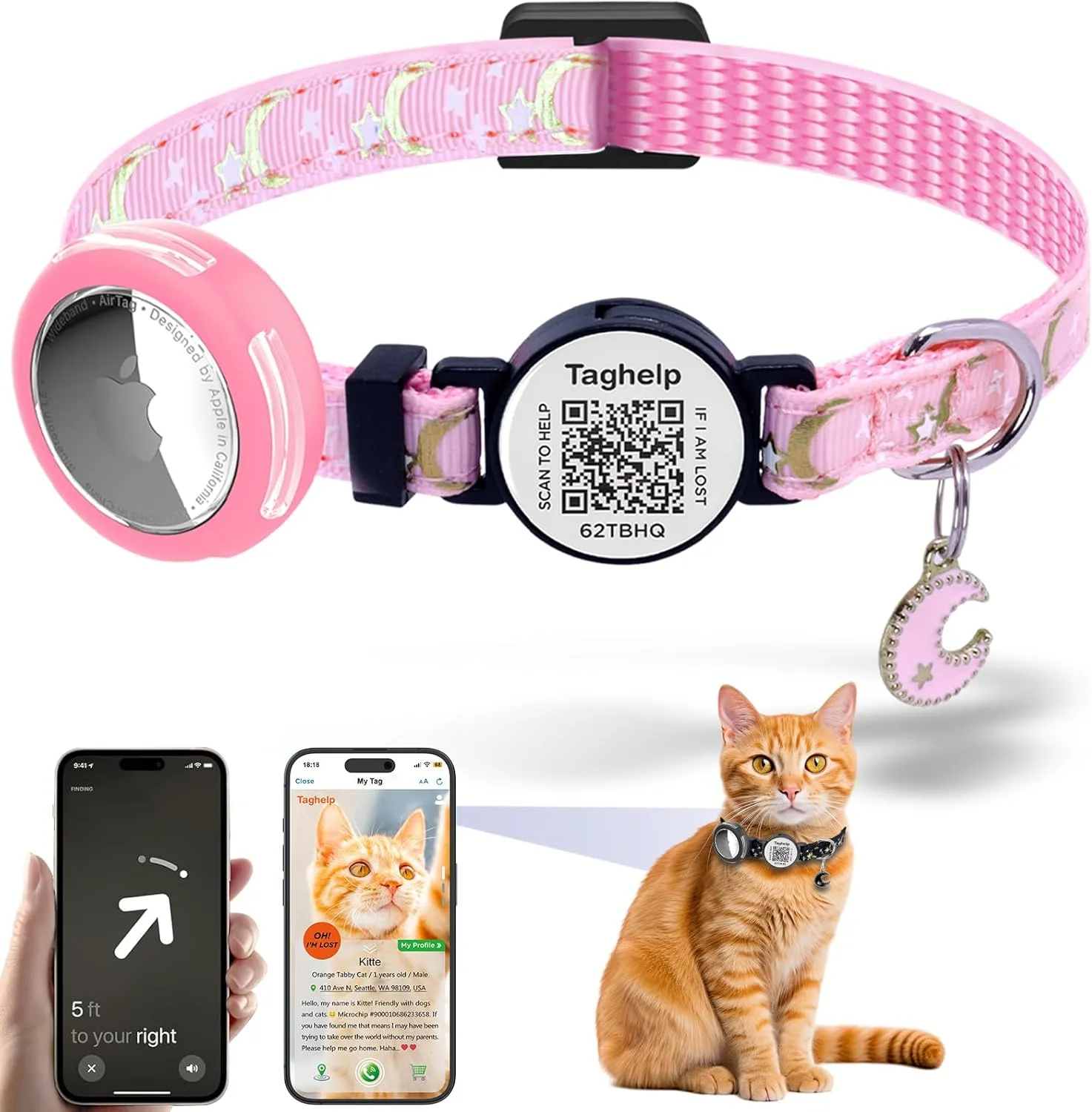 Waterproof Airtag Cat Collar, Breakaway with Stars and Moon with AirTag Holder for Apple. Solid & Safe, Pet Collar, Smart ID tag Cat Collar, Scan QR for Instant Location Alerts.NO APP(Pink)