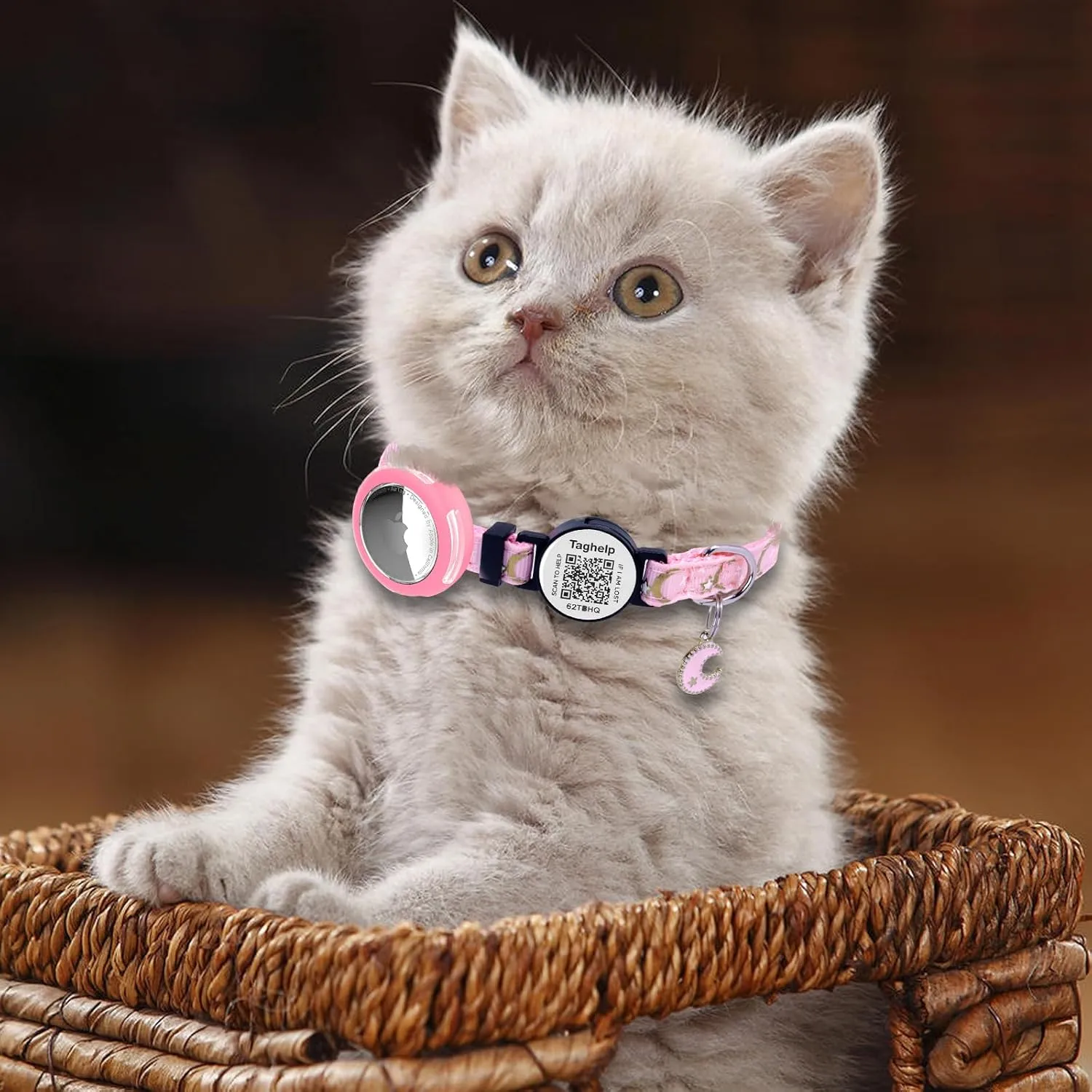 Waterproof Airtag Cat Collar, Breakaway with Stars and Moon with AirTag Holder for Apple. Solid & Safe, Pet Collar, Smart ID tag Cat Collar, Scan QR for Instant Location Alerts.NO APP(Pink)